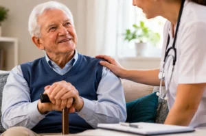 Médica geriatra conversando com paciente idoso durante consulta preventiva.