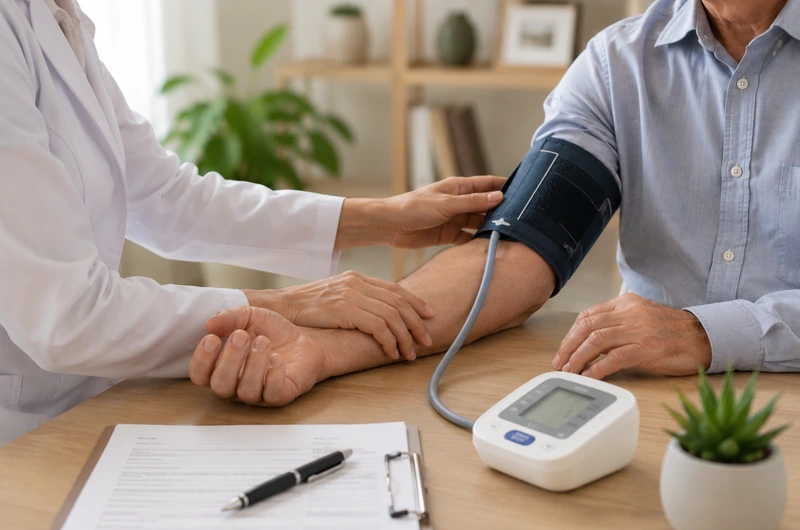 SUGESTÃO DE ALT TEXT PARA IMAGEM: Médica geriatra realizando o check-up de uma pessoa idosa durante consulta