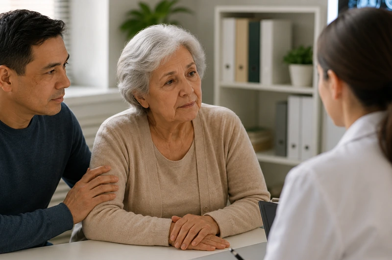 Idosa acompanhada por familiar durante avaliação médica sobre demência e Alzheimer