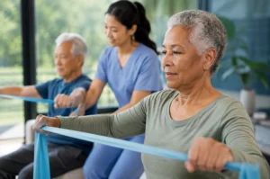 Pessoas idosas realizando exercício de fortalecimento muscular com acompanhamento profissional.