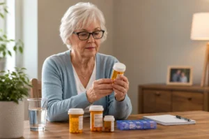 Idosa organizando seus medicamentos com orientação de uma profissional de saúde