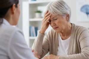 Médica conversando com idosa sobre os primeiros sinais de Alzheimer