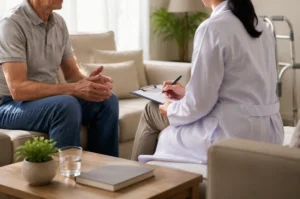 Idoso conversando com médica sobre incontinência urinária e saúde no envelhecimento